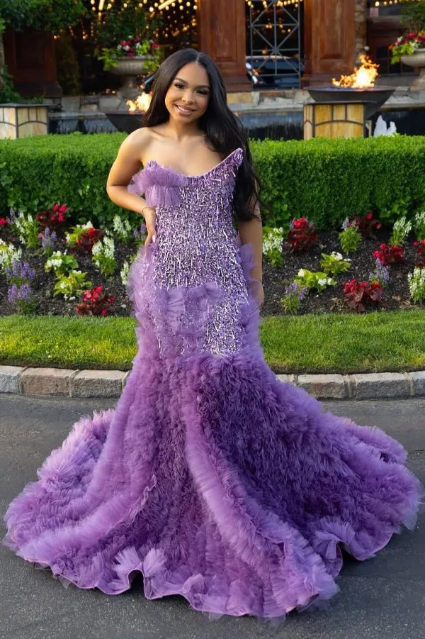Lilac Modern One Shoulder Ruffles Front Slit Prom Dress