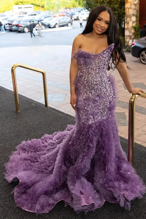 Lilac Modern One Shoulder Ruffles Front Slit Prom Dress