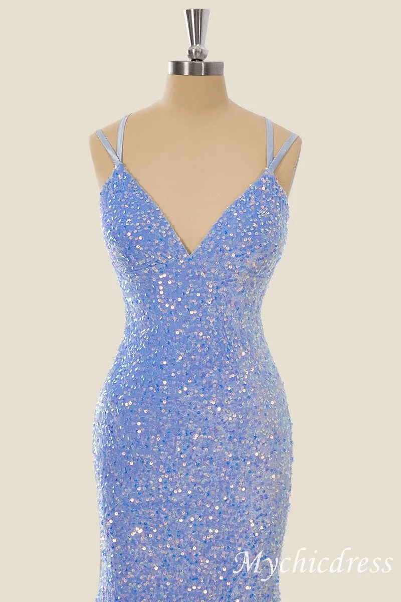 Long Sequin Blue Formal Guest Dresses V Neck Mermaid