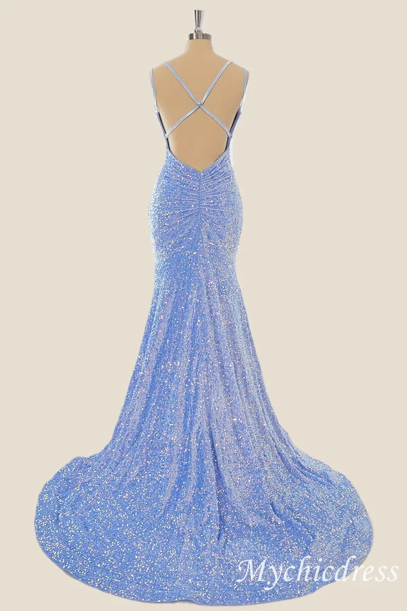 Long Sequin Blue Formal Guest Dresses V Neck Mermaid