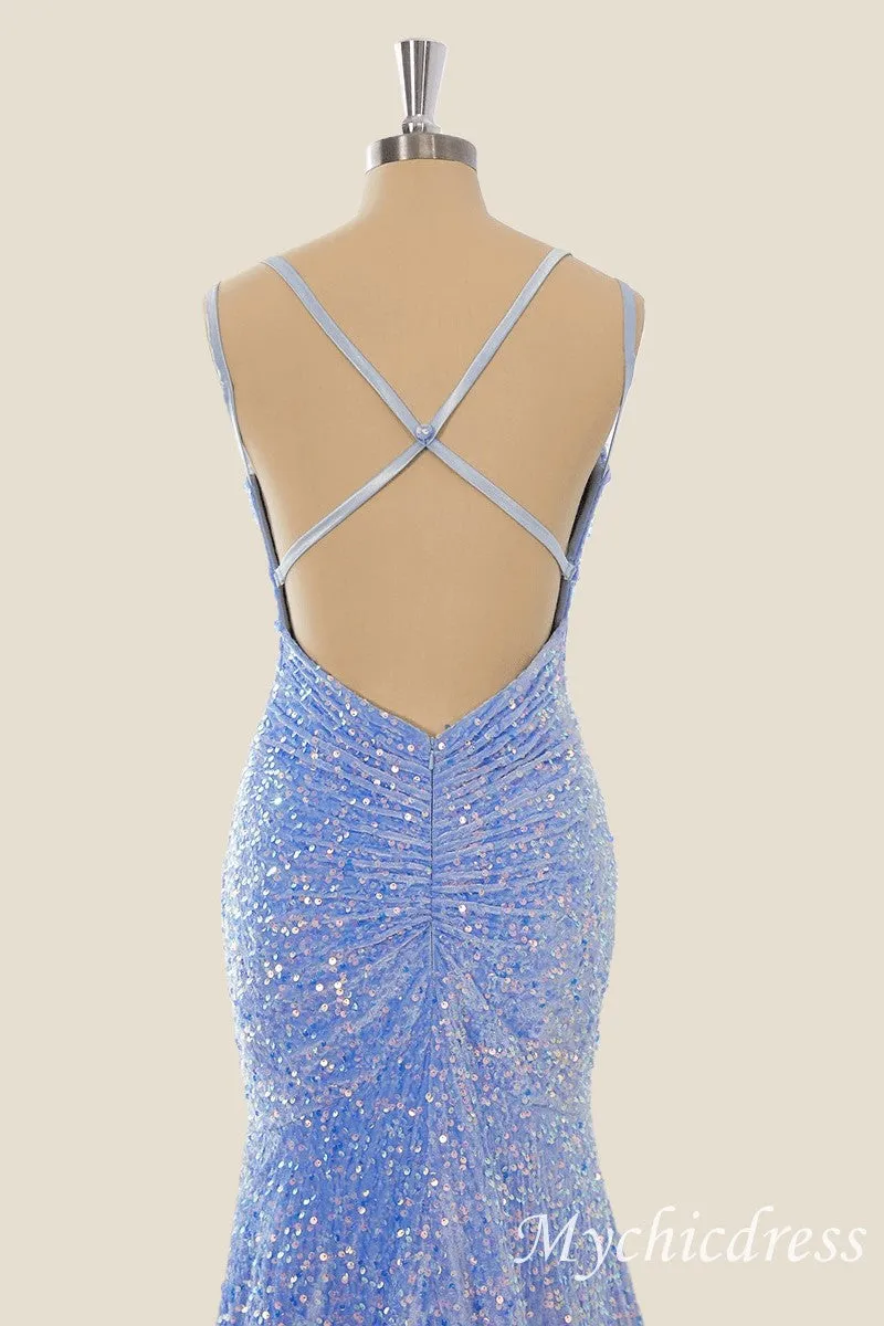 Long Sequin Blue Formal Guest Dresses V Neck Mermaid