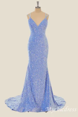 Long Sequin Blue Formal Guest Dresses V Neck Mermaid