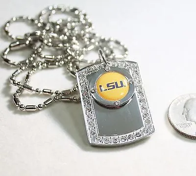 LSU LOUISIANA STATE BLING  NECKLACE PENDANT CZ STAINLESS DOG TAG