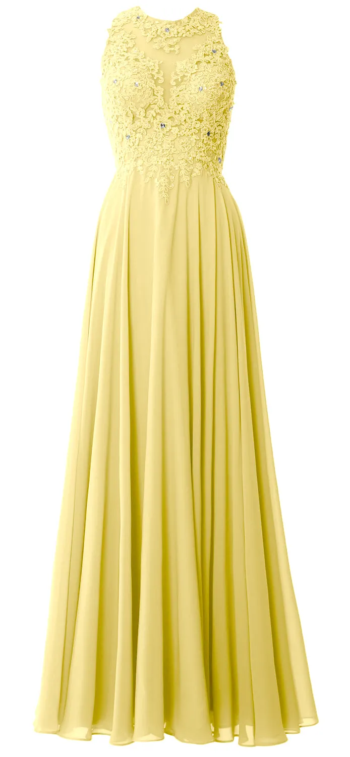 MACloth Elegant High Neck Long Prom Dress Lace Chiffon Formal Party Evening Gown