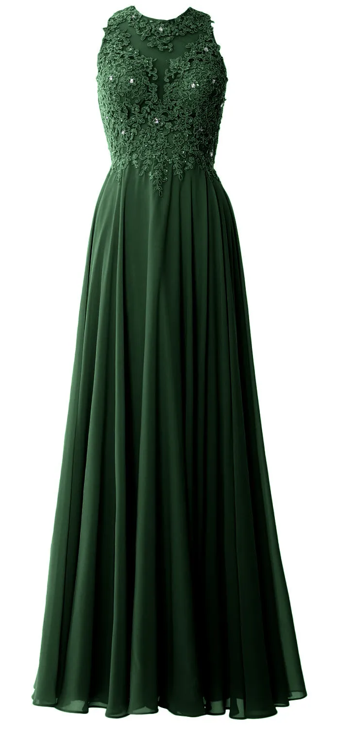 MACloth Elegant High Neck Long Prom Dress Lace Chiffon Formal Party Evening Gown