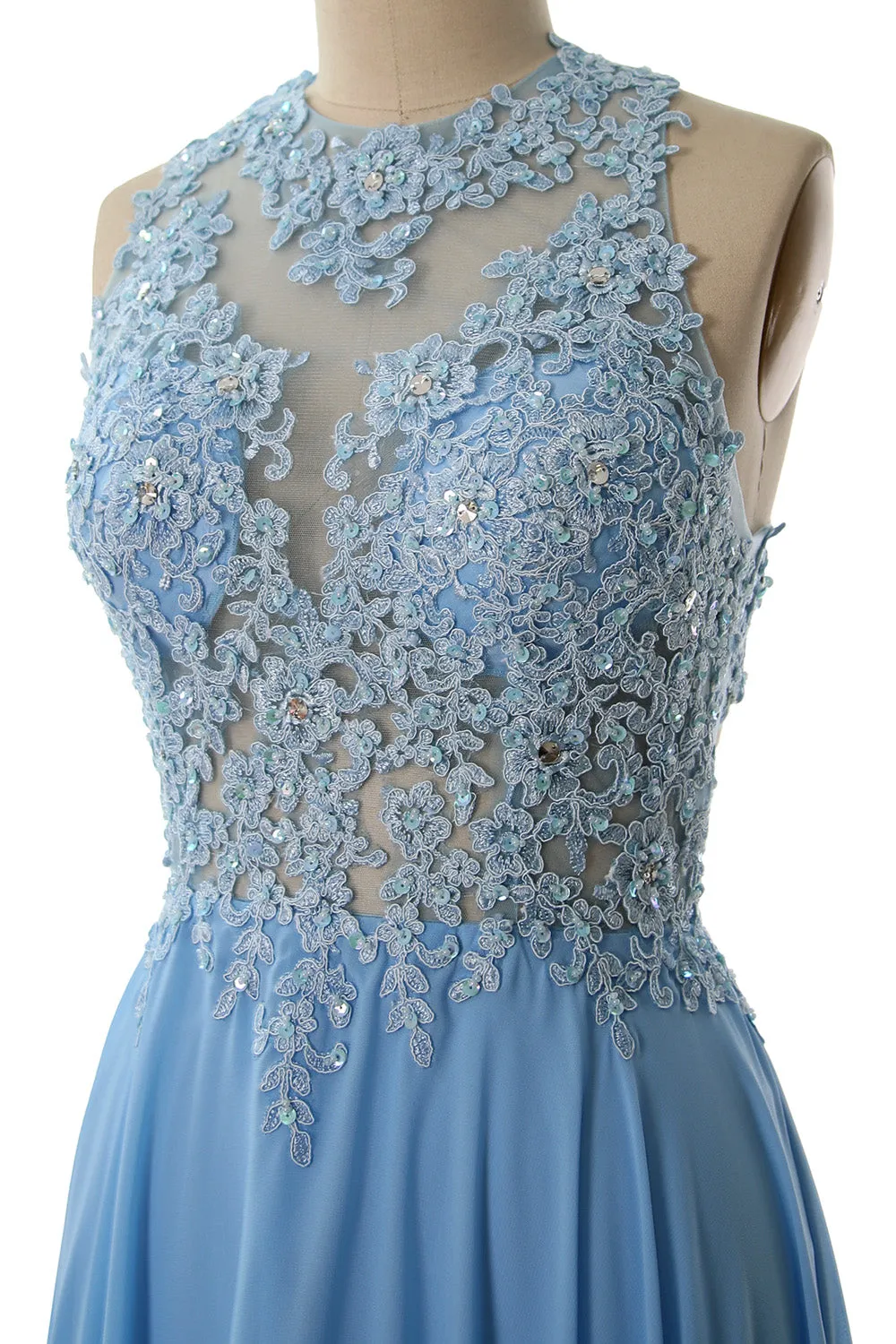 MACloth Elegant High Neck Long Prom Dress Lace Chiffon Formal Party Evening Gown