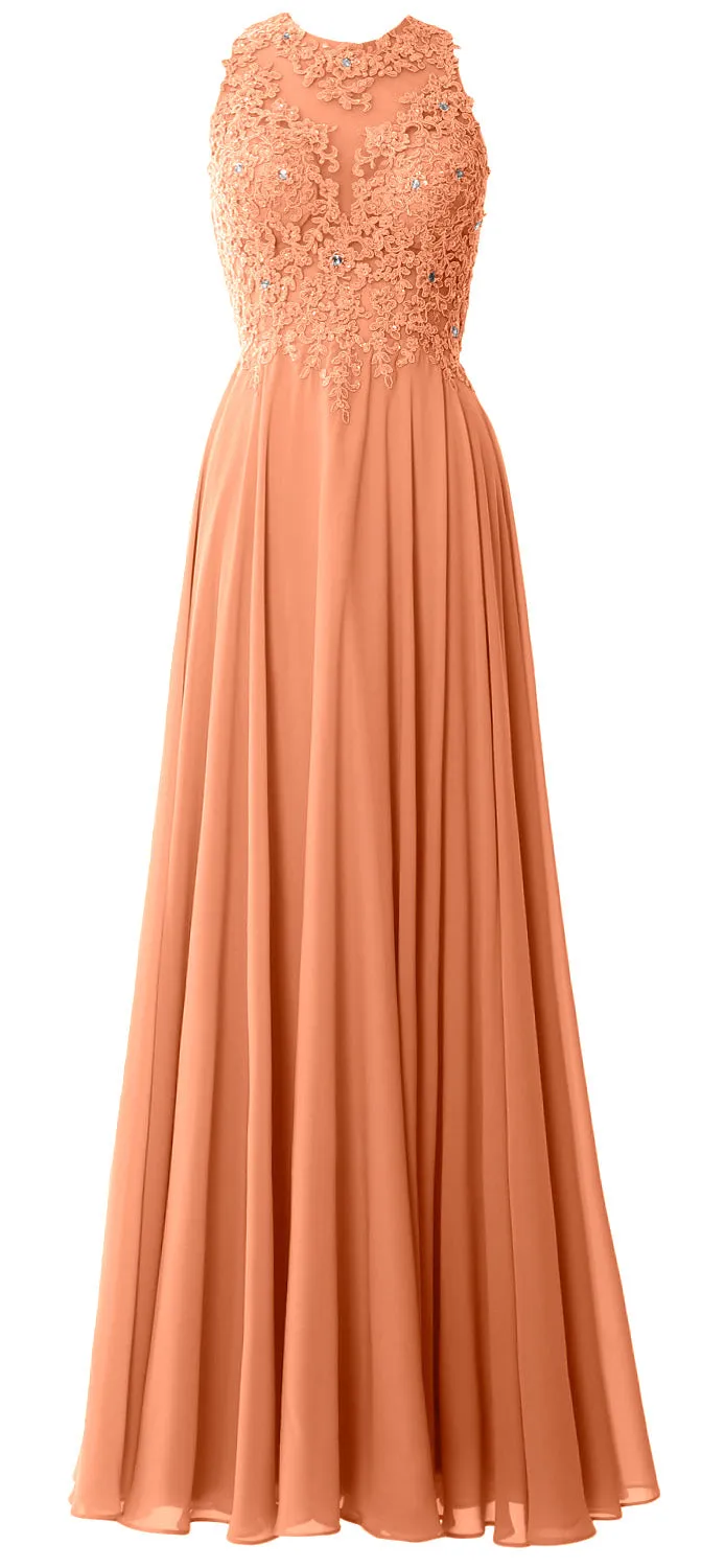 MACloth Elegant High Neck Long Prom Dress Lace Chiffon Formal Party Evening Gown