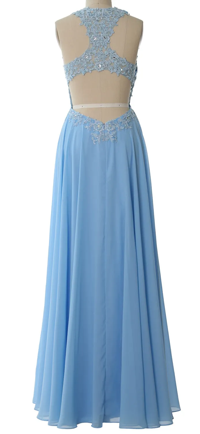 MACloth Elegant High Neck Long Prom Dress Lace Chiffon Formal Party Evening Gown