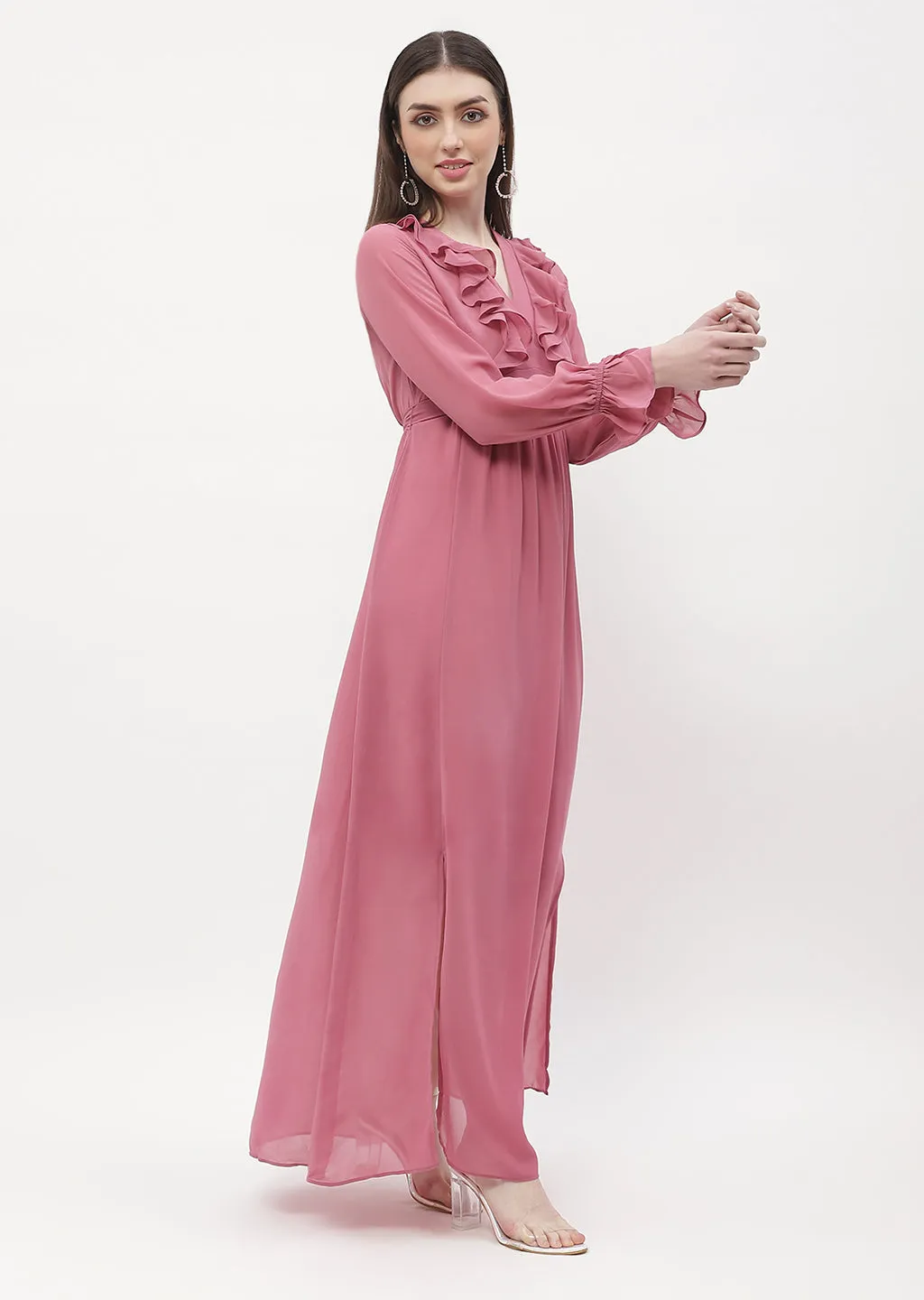 Madame Poet Sleeve Pink Slit Maxi Dress