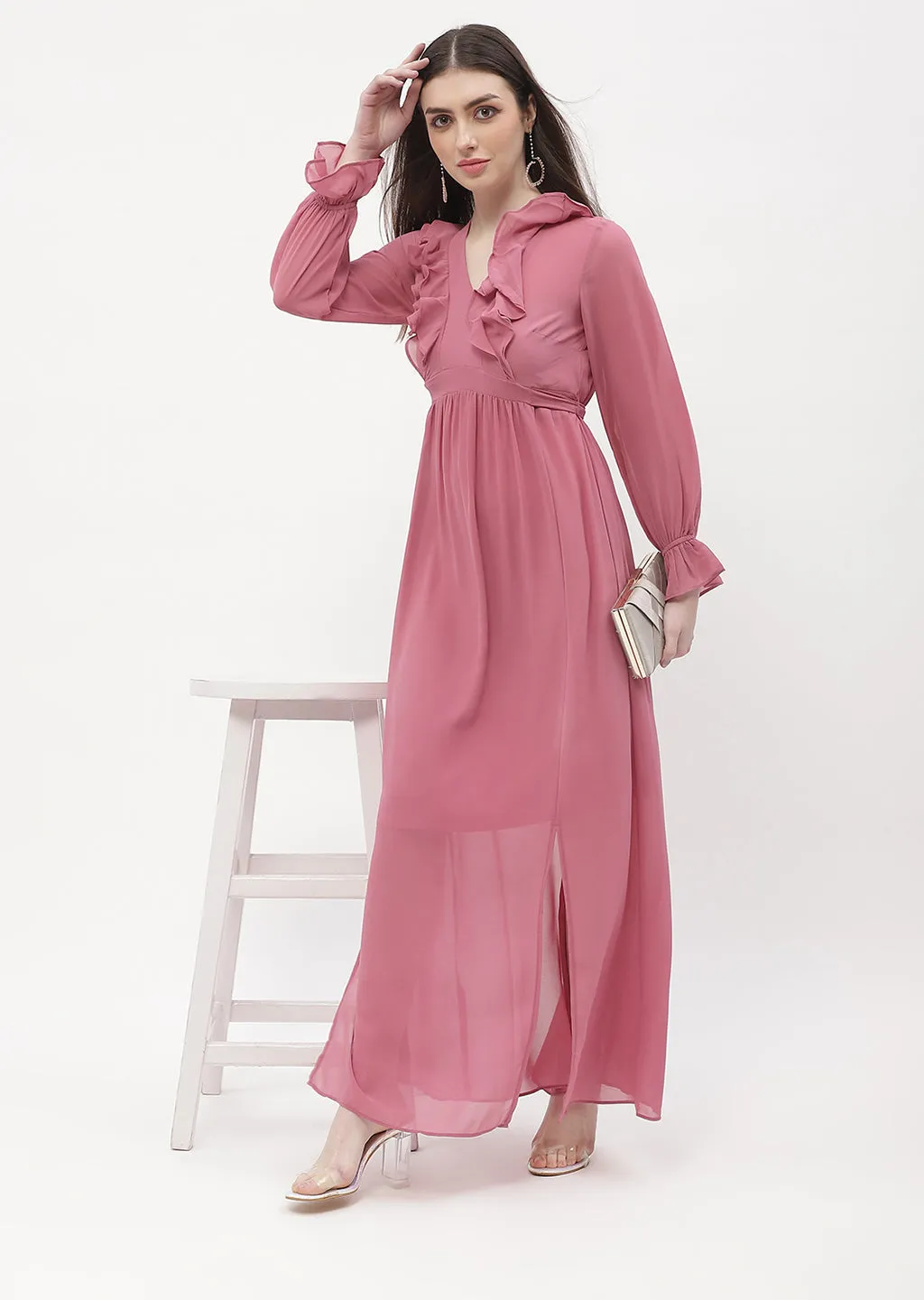 Madame Poet Sleeve Pink Slit Maxi Dress