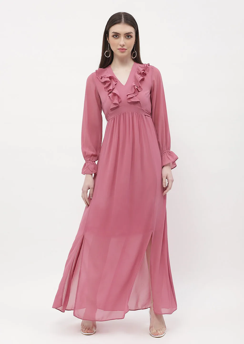 Madame Poet Sleeve Pink Slit Maxi Dress