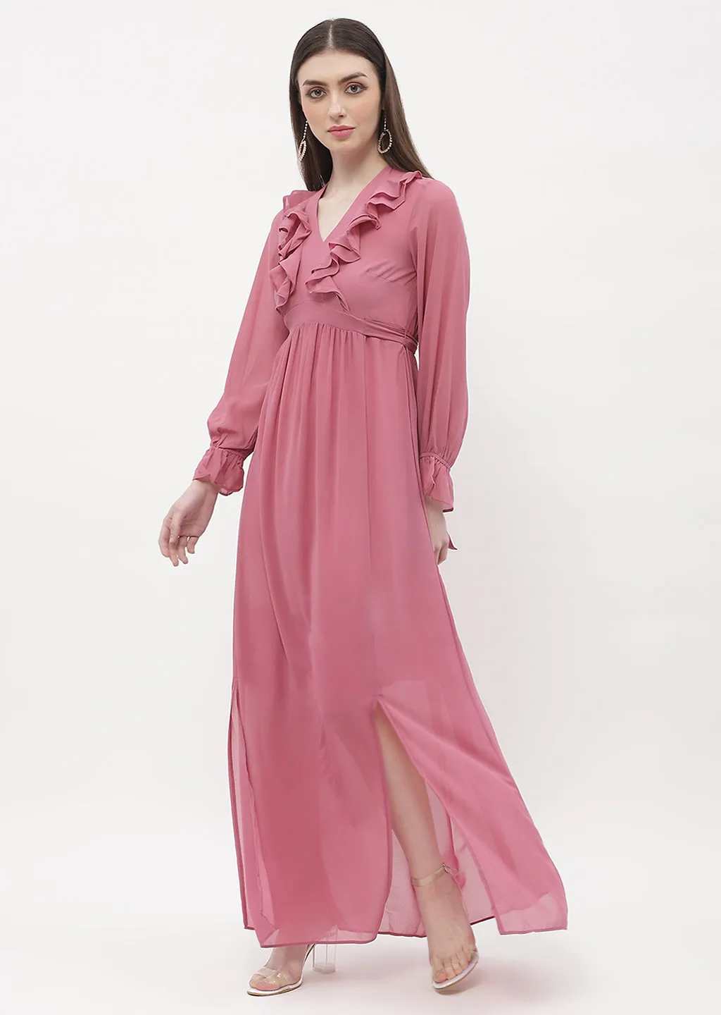 Madame Poet Sleeve Pink Slit Maxi Dress
