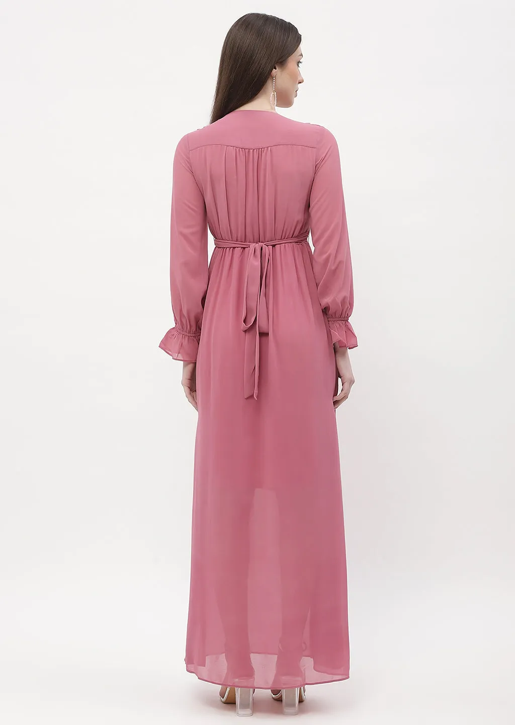 Madame Poet Sleeve Pink Slit Maxi Dress