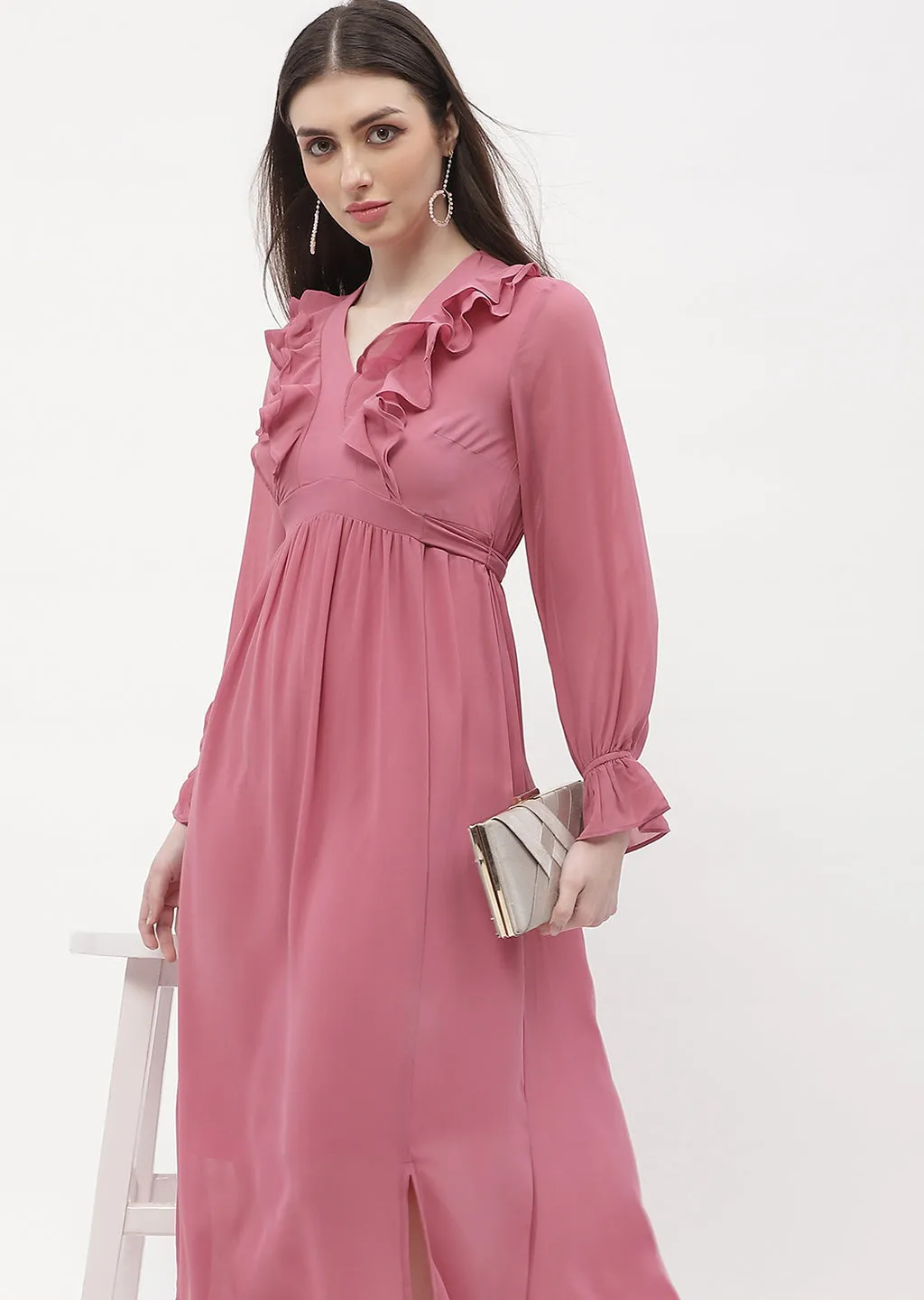 Madame Poet Sleeve Pink Slit Maxi Dress