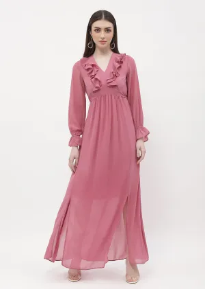 Madame Poet Sleeve Pink Slit Maxi Dress