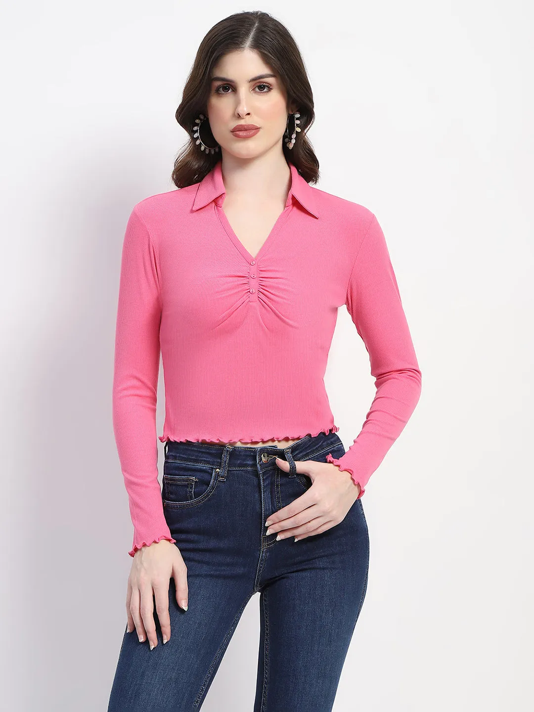 Madame Ruched Front Scallop Hem Solid Pink Top
