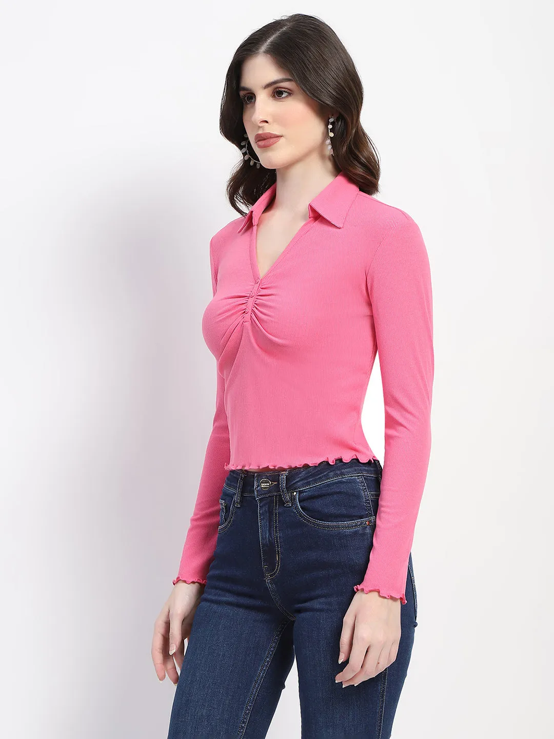 Madame Ruched Front Scallop Hem Solid Pink Top