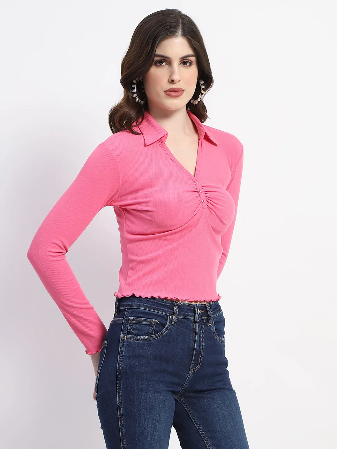 Madame Ruched Front Scallop Hem Solid Pink Top