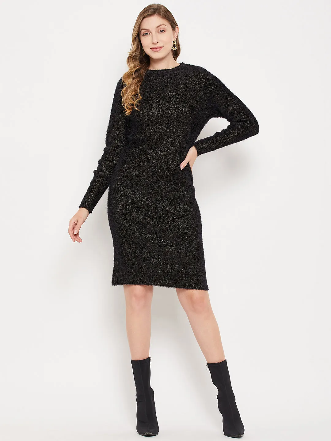 Madame Shimmery Feather Knit Black Bodycon Sweater Dress