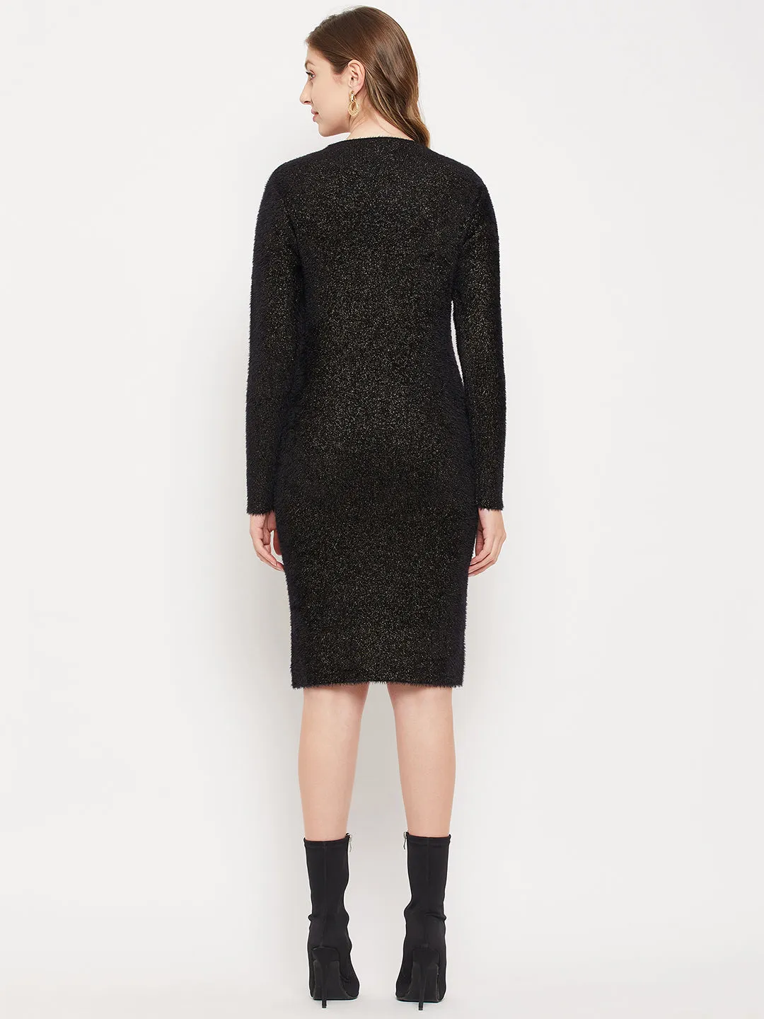 Madame Shimmery Feather Knit Black Bodycon Sweater Dress