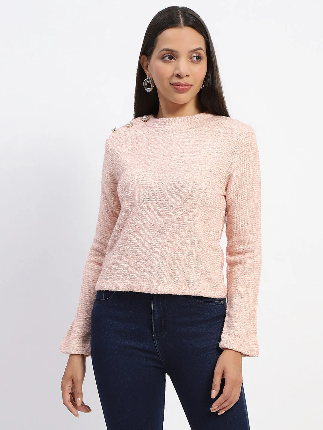 Madame Textured Button Detailed Full Sleeve Peach Top