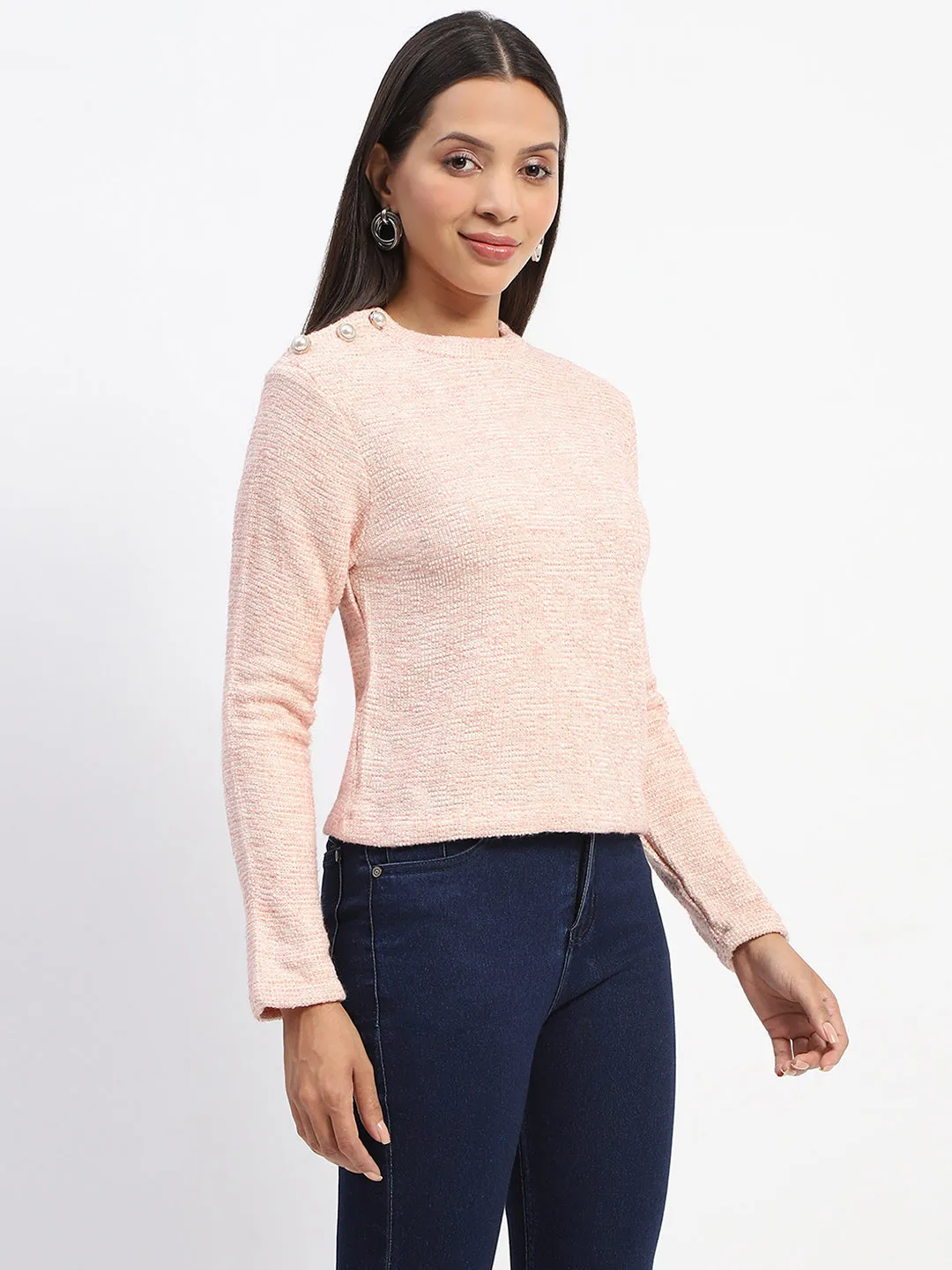 Madame Textured Button Detailed Full Sleeve Peach Top
