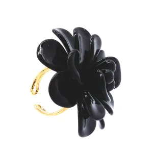 Midnight Gala Black Hibiscus Silk Effect Adjustable Ring