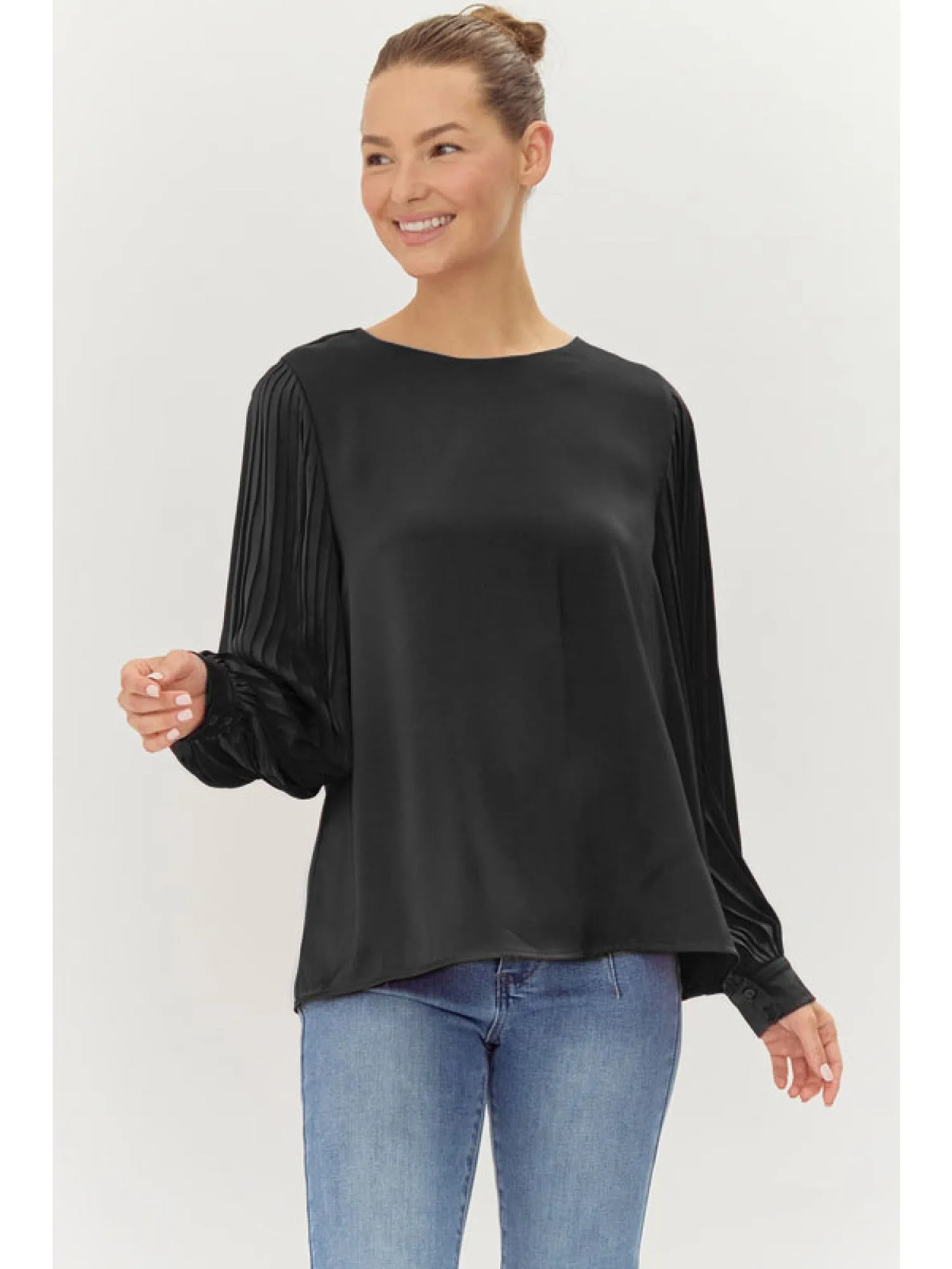 Natalya Satin Pleated Sleeve Shirt Black