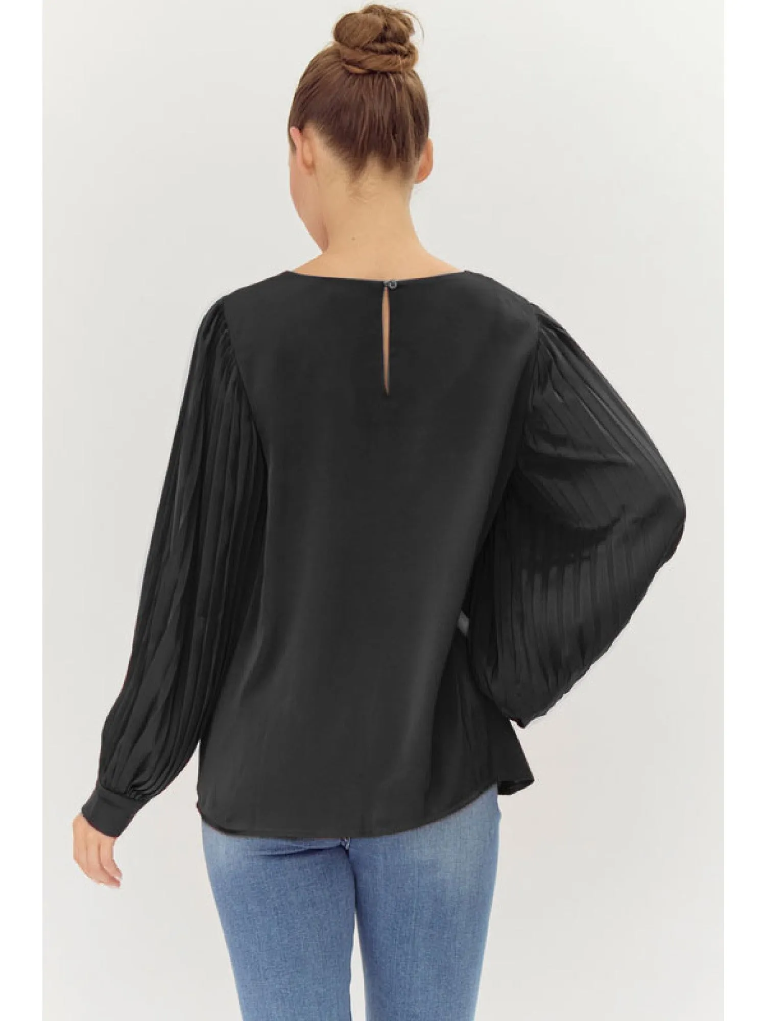 Natalya Satin Pleated Sleeve Shirt Black