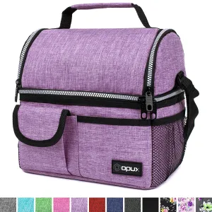 OPUX Insulated Dual Compartment Lunch Bag for Women | Double Deck Reusable Lunch Pail Cooler Bag with Shoulder Strap, Soft Leakproof Liner | Large Lunch Box Tote for Work, School (Purple)