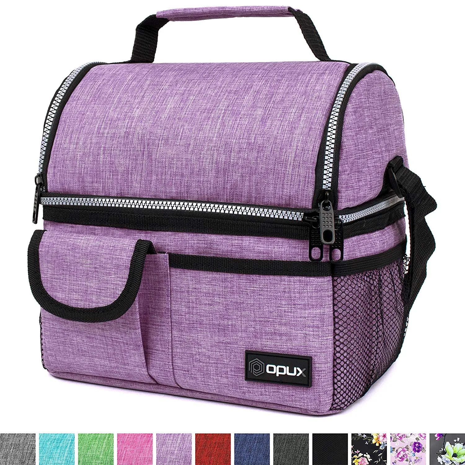 OPUX Insulated Dual Compartment Lunch Bag for Women | Double Deck Reusable Lunch Pail Cooler Bag with Shoulder Strap, Soft Leakproof Liner | Large Lunch Box Tote for Work, School (Purple)