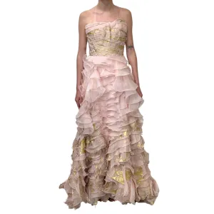 Oscar De La Renta Pink and Gold Ruffle Gown
