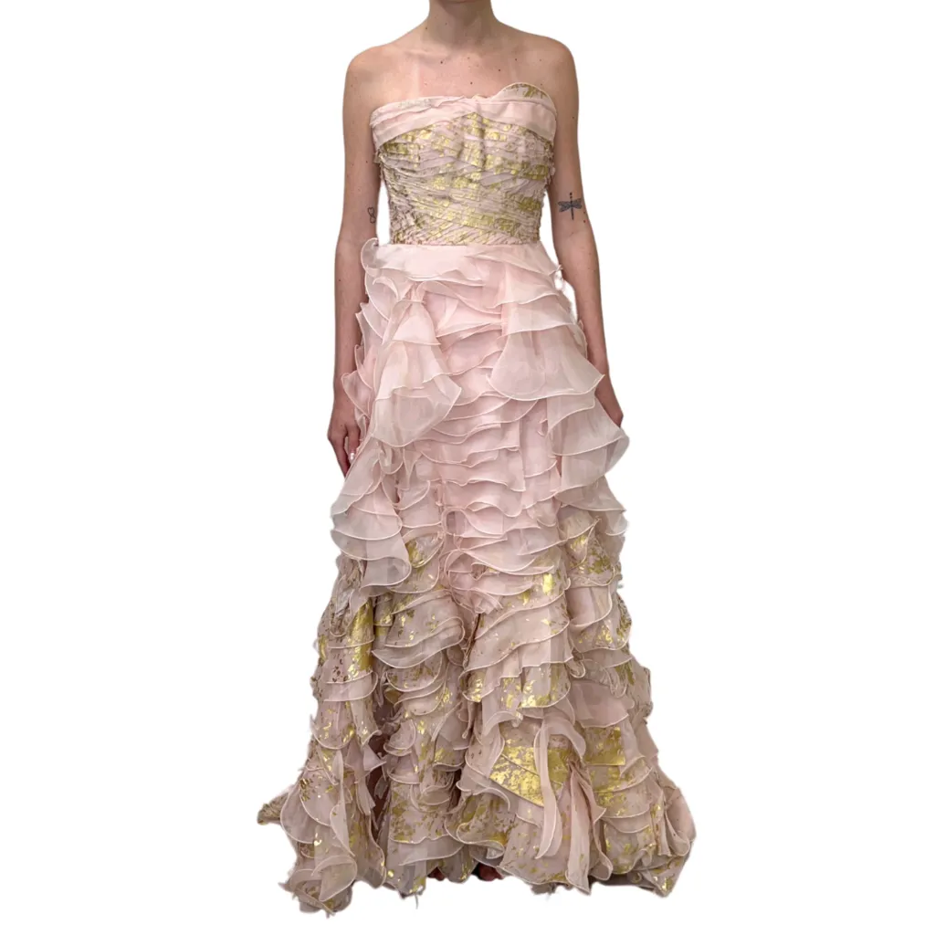 Oscar De La Renta Pink and Gold Ruffle Gown