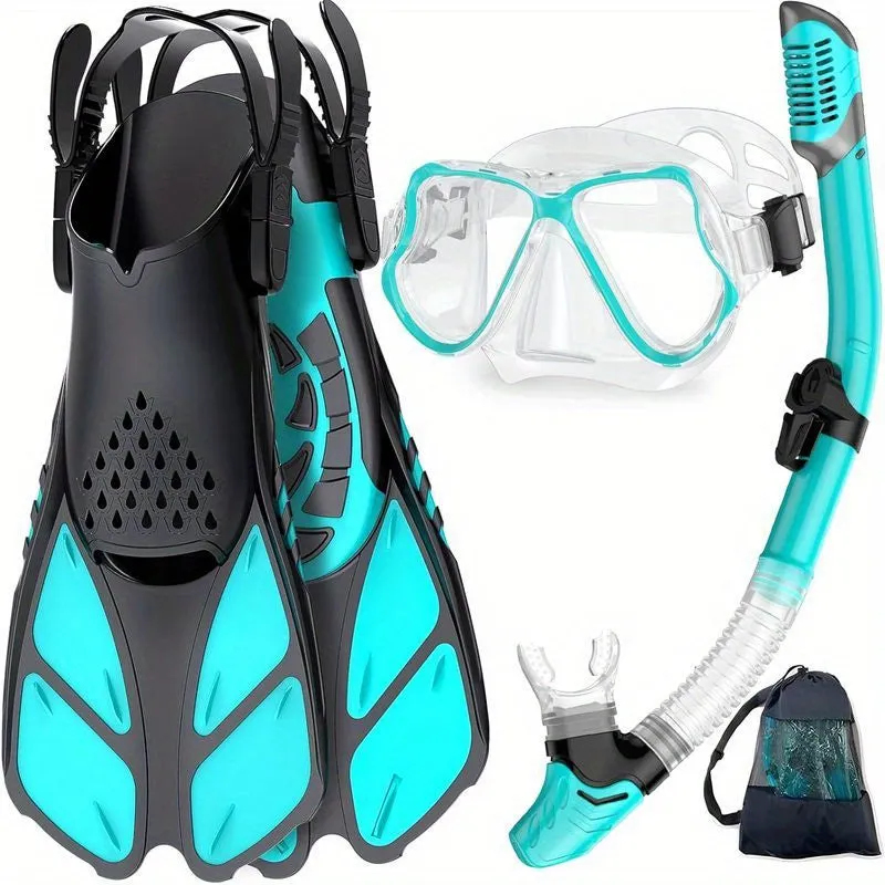 Panoramic View Snorkel Mask Anti-Fog, Adjustable Dive Flippers, Scuba Gear for Swimming Snorkeling Diving