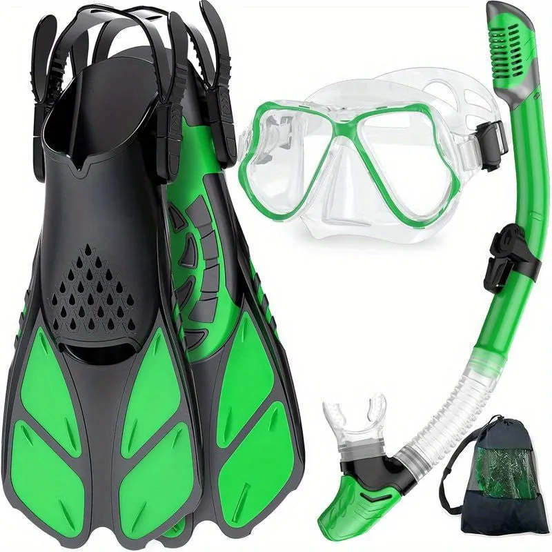 Panoramic View Snorkel Mask Anti-Fog, Adjustable Dive Flippers, Scuba Gear for Swimming Snorkeling Diving