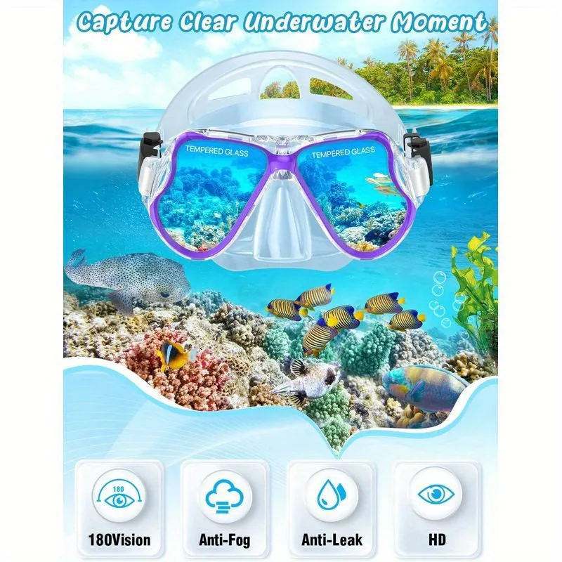 Panoramic View Snorkel Mask Anti-Fog, Adjustable Dive Flippers, Scuba Gear for Swimming Snorkeling Diving