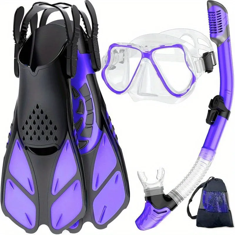Panoramic View Snorkel Mask Anti-Fog, Adjustable Dive Flippers, Scuba Gear for Swimming Snorkeling Diving