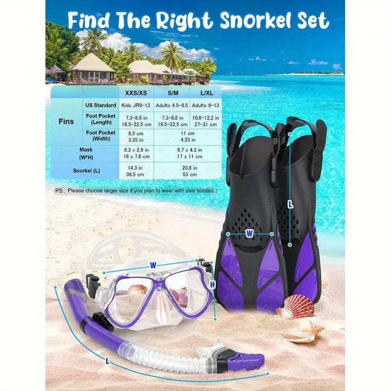 Panoramic View Snorkel Mask Anti-Fog, Adjustable Dive Flippers, Scuba Gear for Swimming Snorkeling Diving