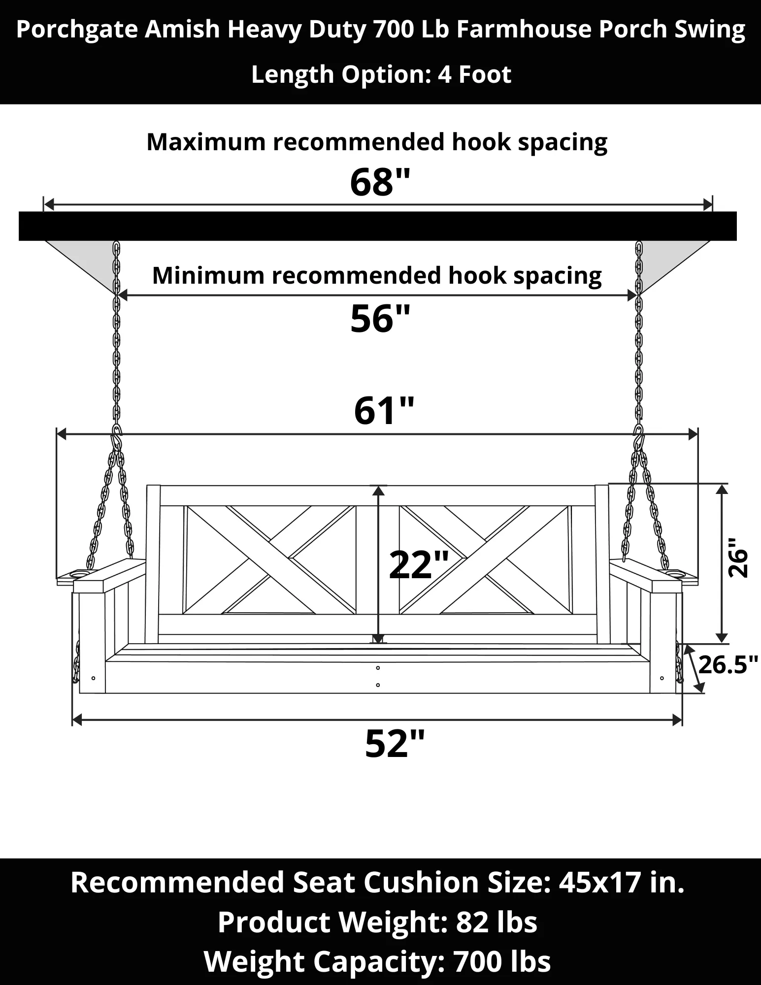 Porchgate Amish Heavy Duty 700 Lb 4-Foot Farmhouse Porch Swing - Dovetail Grey