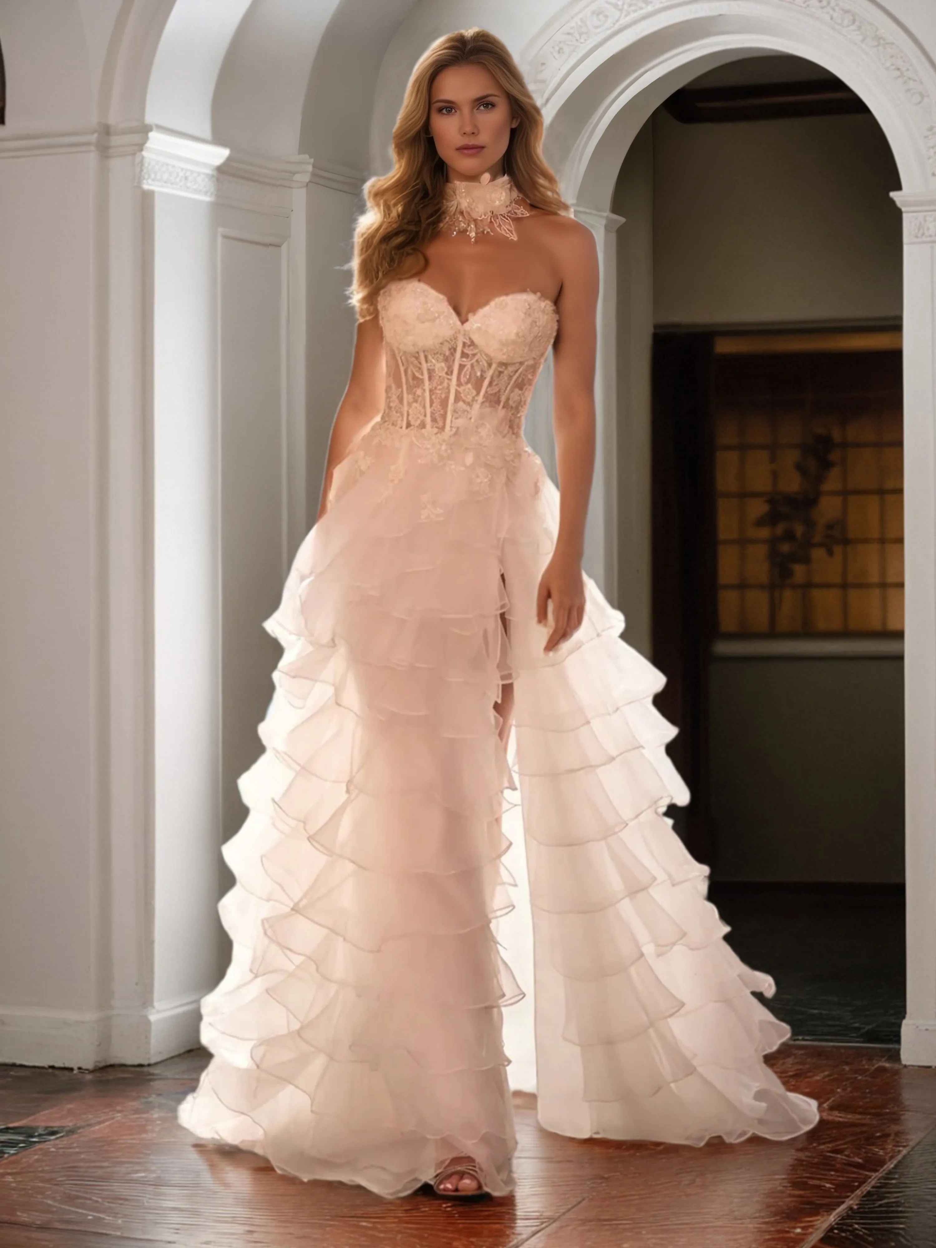 Princess Sweetheart Ruffles See-through Long Prom Dress