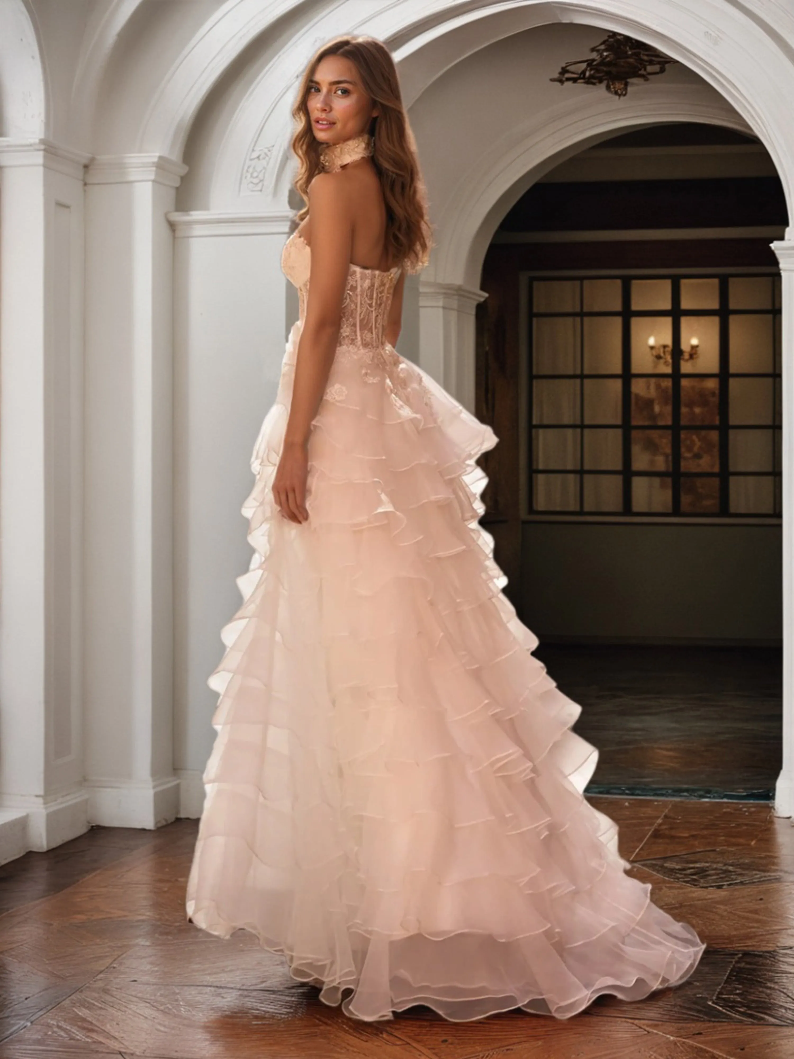 Princess Sweetheart Ruffles See-through Long Prom Dress