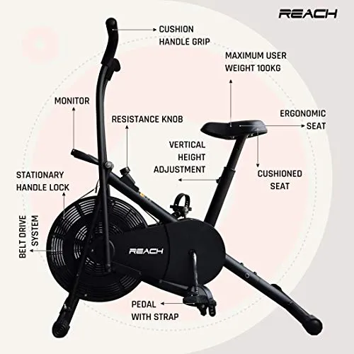 Reach Air Bike Exercise Cycle With Moving Handles & Adjustable Cushioned Seat (Multi-color)