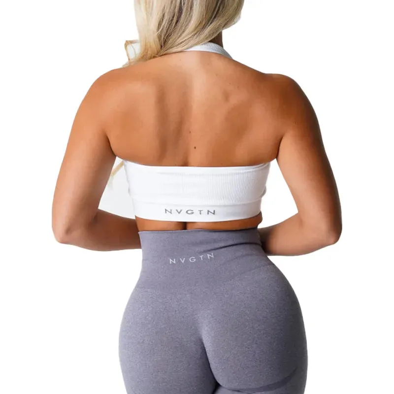 Ribbed Seamless Halter Bra Spandex Women's Fitness Elastic Top Breathable Breast Enhancement Sports Bra