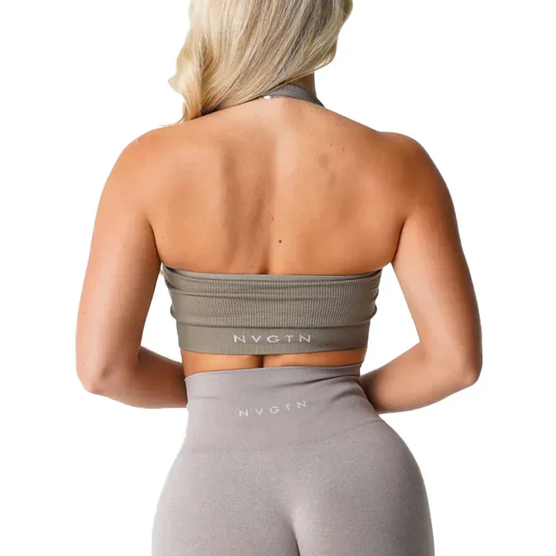 Ribbed Seamless Halter Bra Spandex Women's Fitness Elastic Top Breathable Breast Enhancement Sports Bra