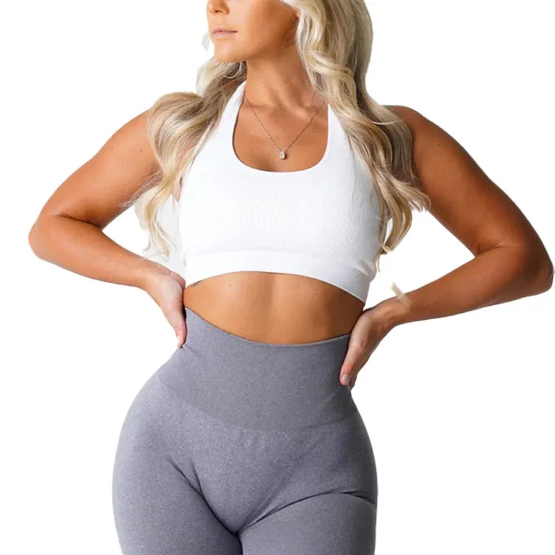 Ribbed Seamless Halter Bra Spandex Women's Fitness Elastic Top Breathable Breast Enhancement Sports Bra