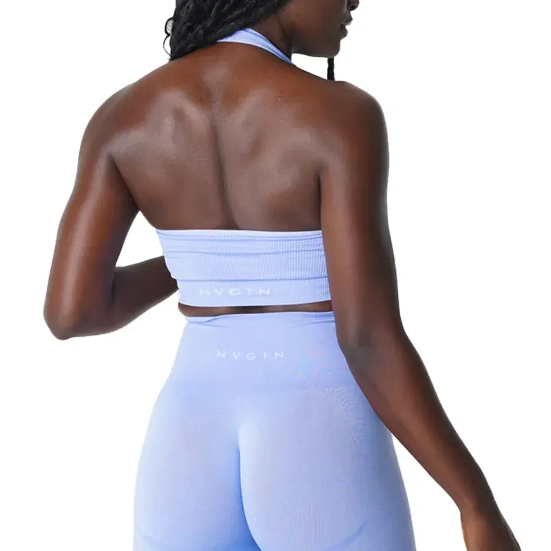 Ribbed Seamless Halter Bra Spandex Women's Fitness Elastic Top Breathable Breast Enhancement Sports Bra