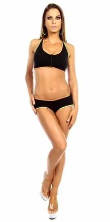 Sexy Neon Trim Zip Front Fourth Dimension Athletic Stretch Sports Bra Top with Multi Trim