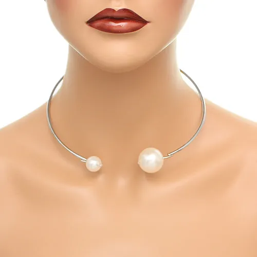 Silver Coil Faux Pearl Collar Choker Necklace