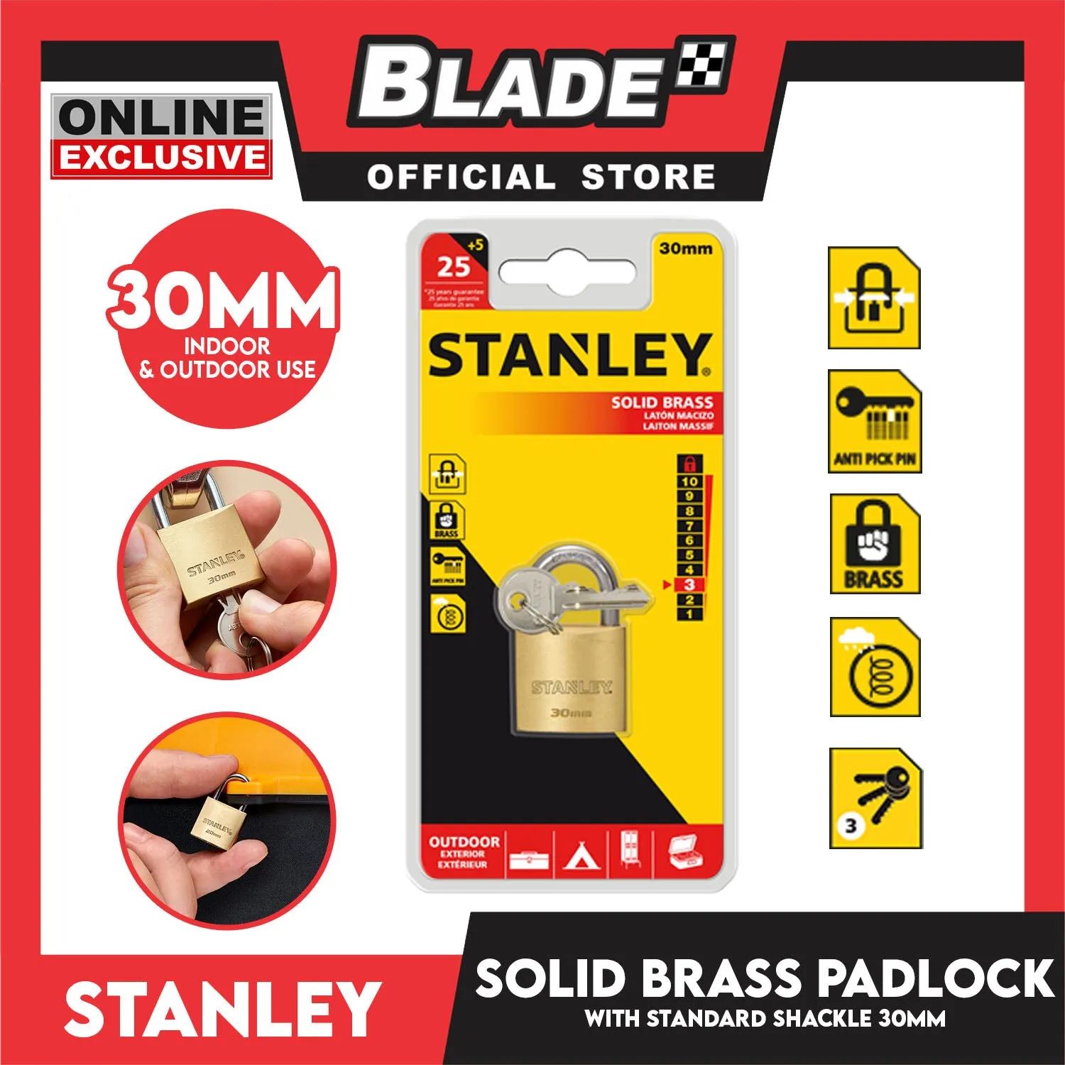 Stanley Solid Brass Padlock with Standard Shakle 30mm Heavy Duty Security Padlock