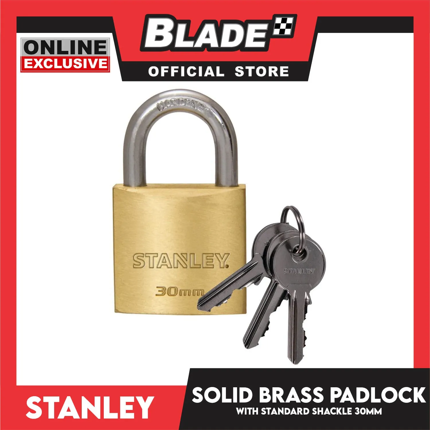 Stanley Solid Brass Padlock with Standard Shakle 30mm Heavy Duty Security Padlock
